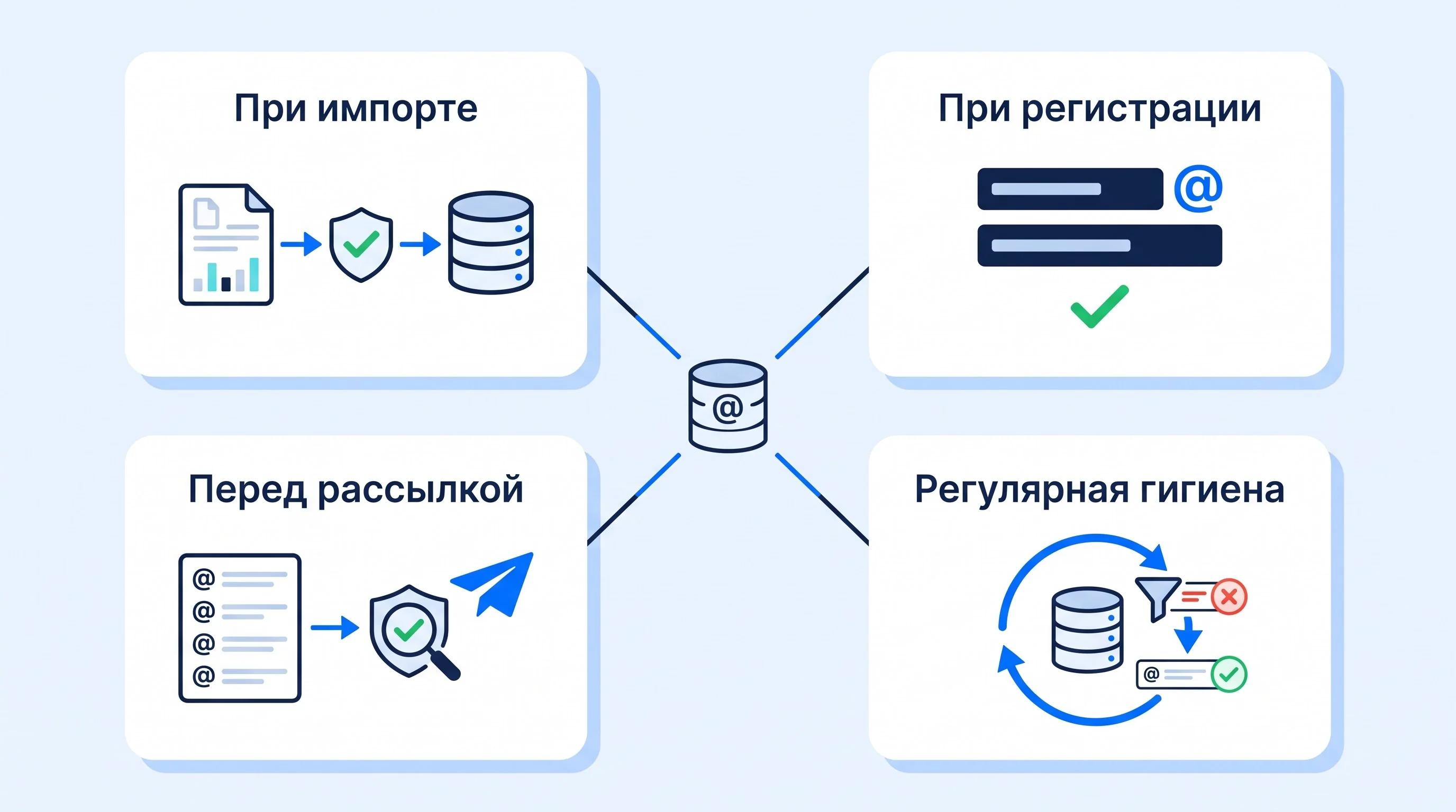 Моменты проверки email-базы: при импорте, регистрации, перед рассылкой и во время регулярной гигиены.